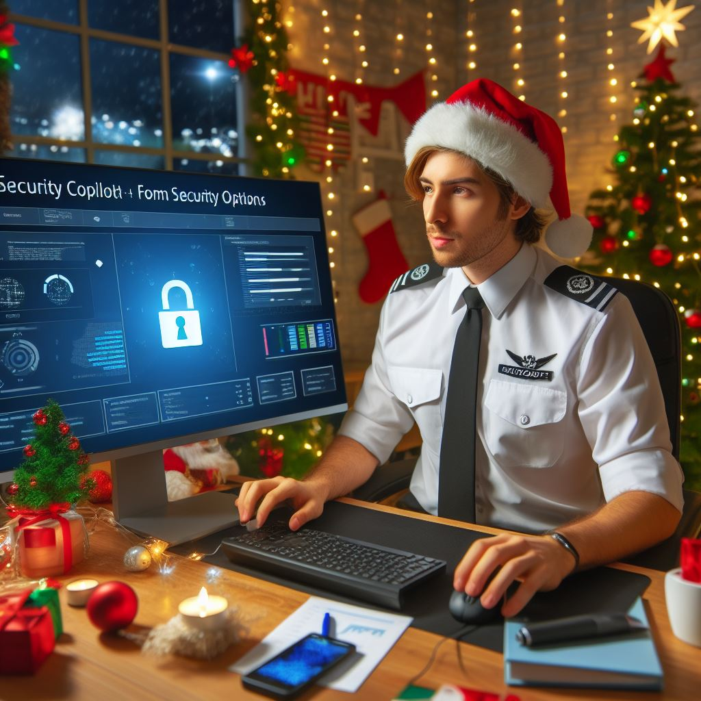 A security analyst dressed as a copilot in a christmas decorated office following up on security operations i Microsoft Security Copilot /uploads/2023/12/image.png?w=1024